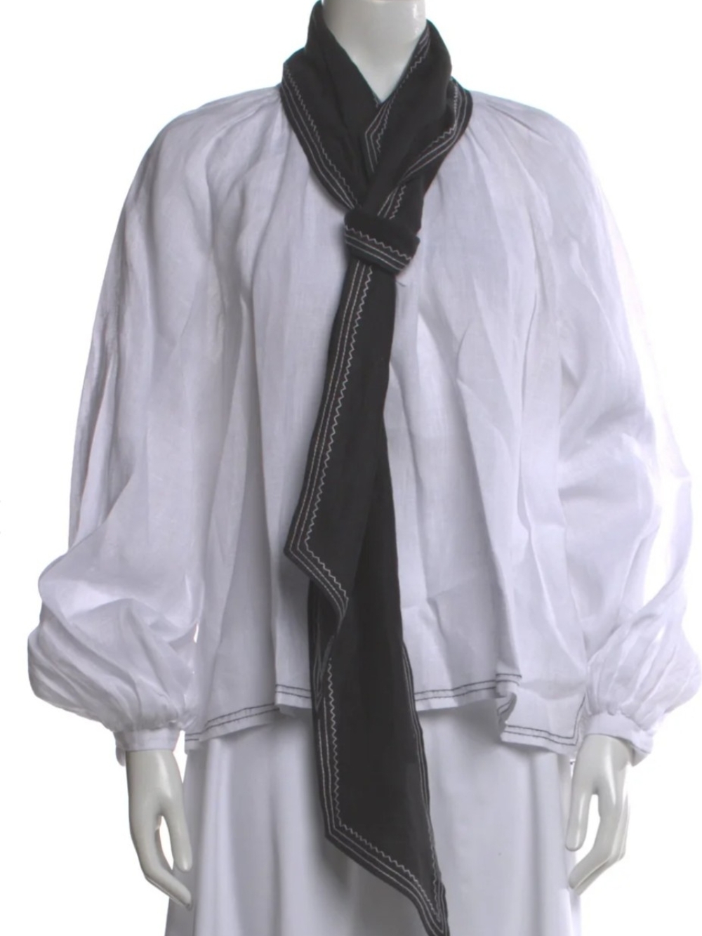 Women’s White Balloon-Sleeve Blouse with Black Scarf